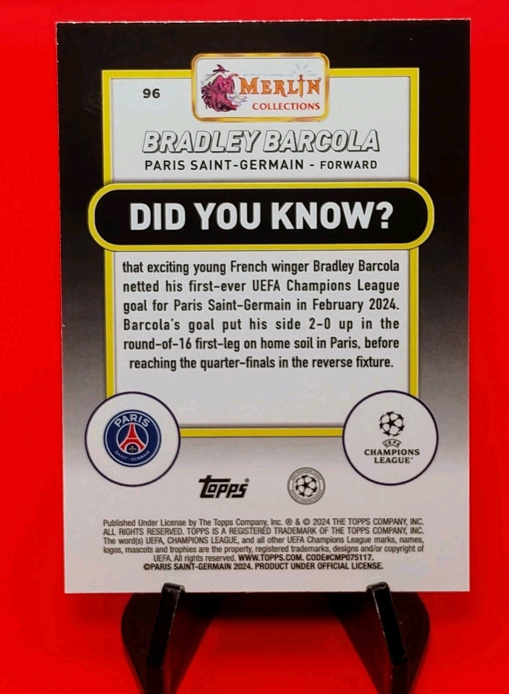 Bradley Barcola 2023-24 Topps Merlin UEFA #96 Aqua Speckle Refractor #165/199 🔥