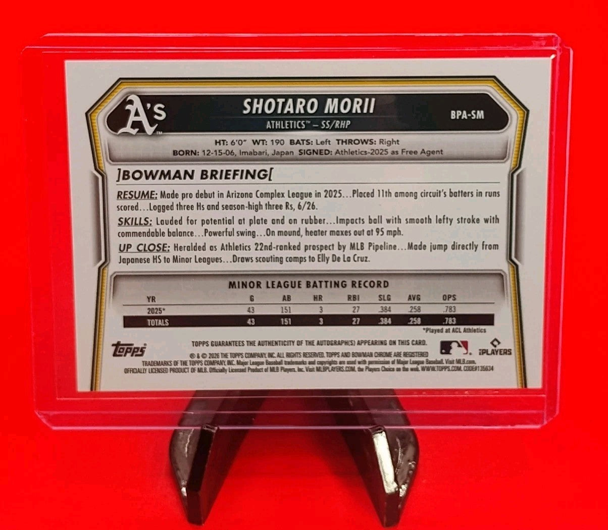 Shotaro Morii 2026 Bowman Baseball #BPA-SM Prospect Auto Athletics 2-Way Player