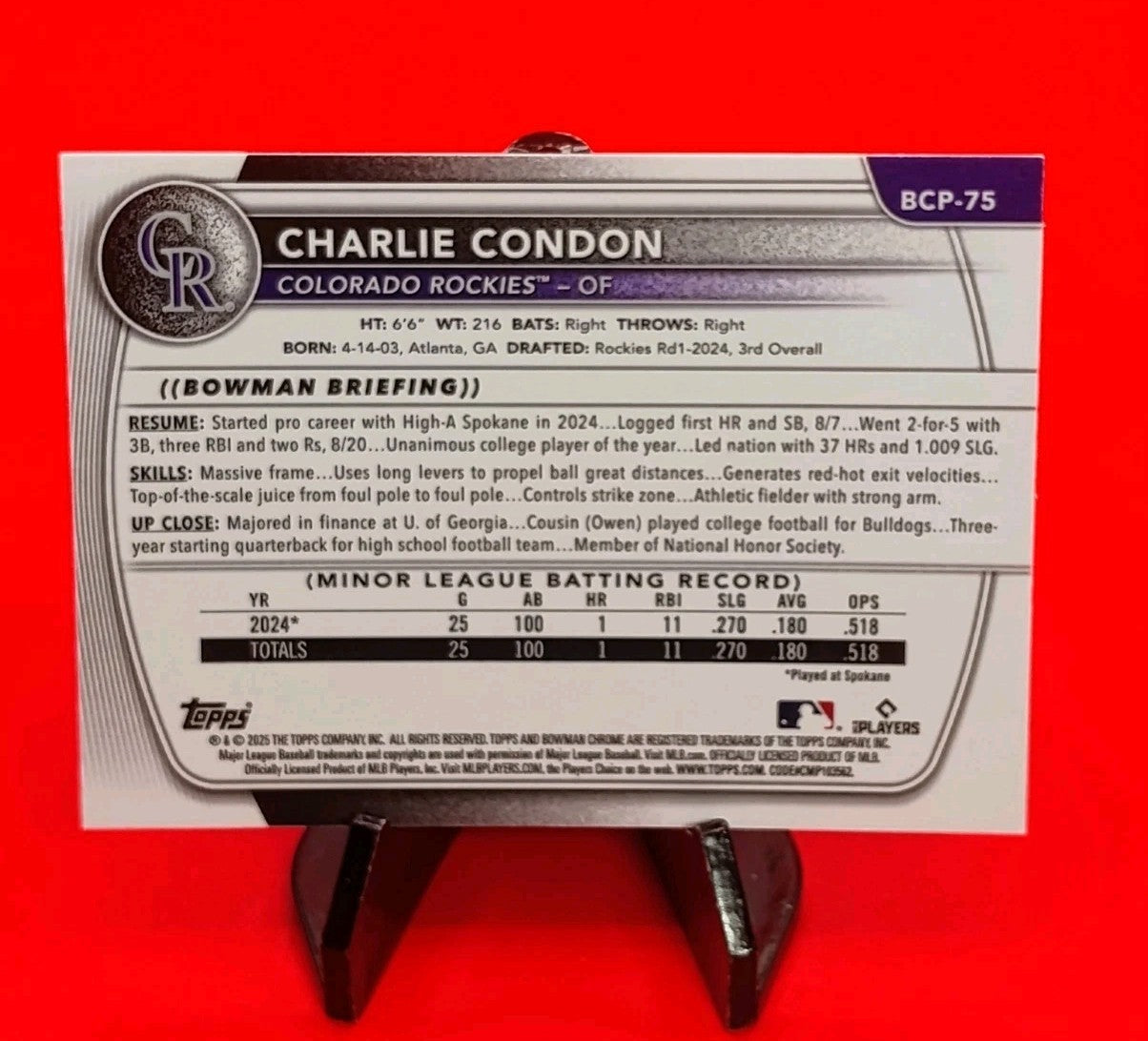 Charlie Condon 2025 Bowman 1st Chrome #BCP-75 Mojo Refractor Colorado Rockies 💎