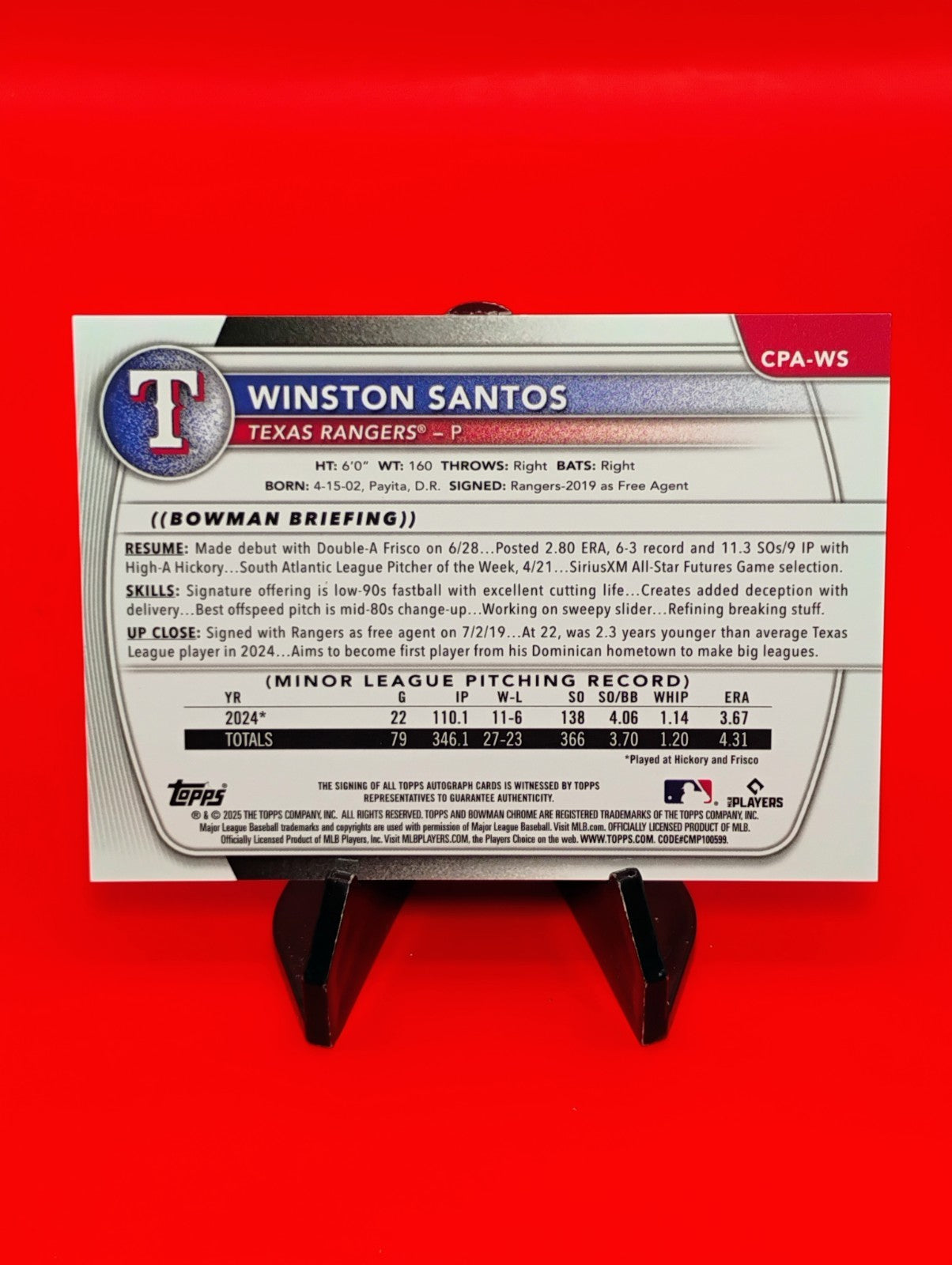 Winston Santos 2025 Bowman 1st Chrome #CPA-WS Green Shimmer Refractor Auto #/99