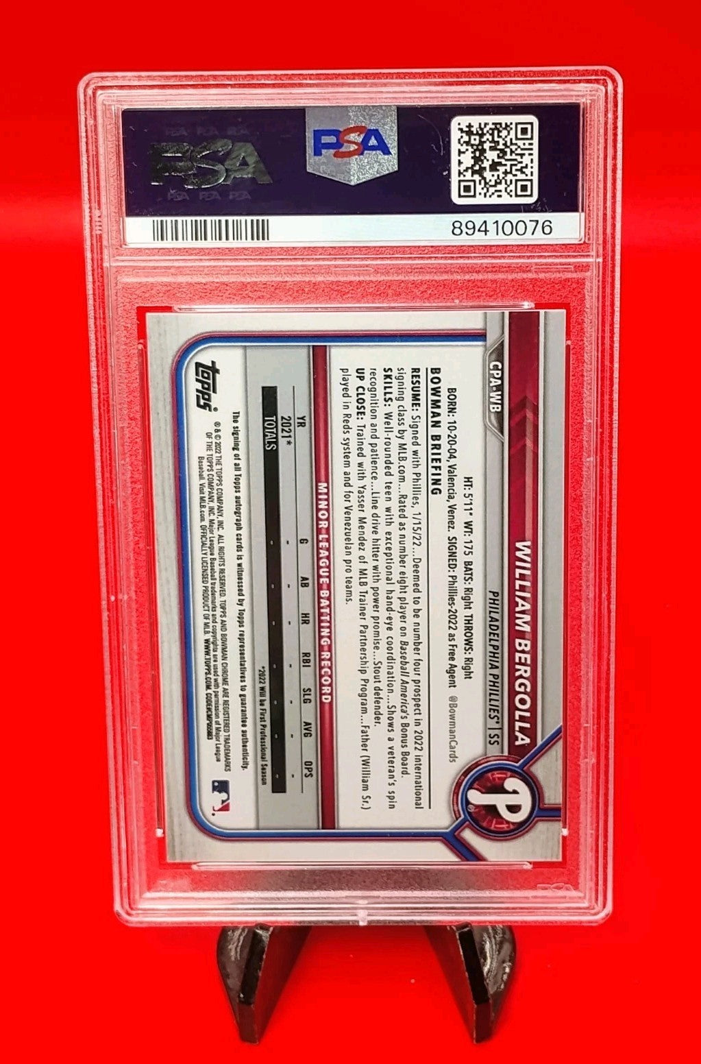 William Bergolla Jr 2022 Bowman 1st Choice Auto #CPA-WB Blue Mojo /150- PSA 10💎