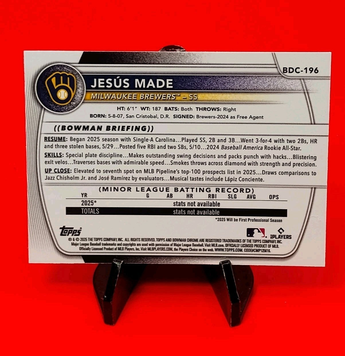 Jésus Made 2025 Bowman Chrome Prospects #BCP-50 Mojo Refractor (RC) Brewers