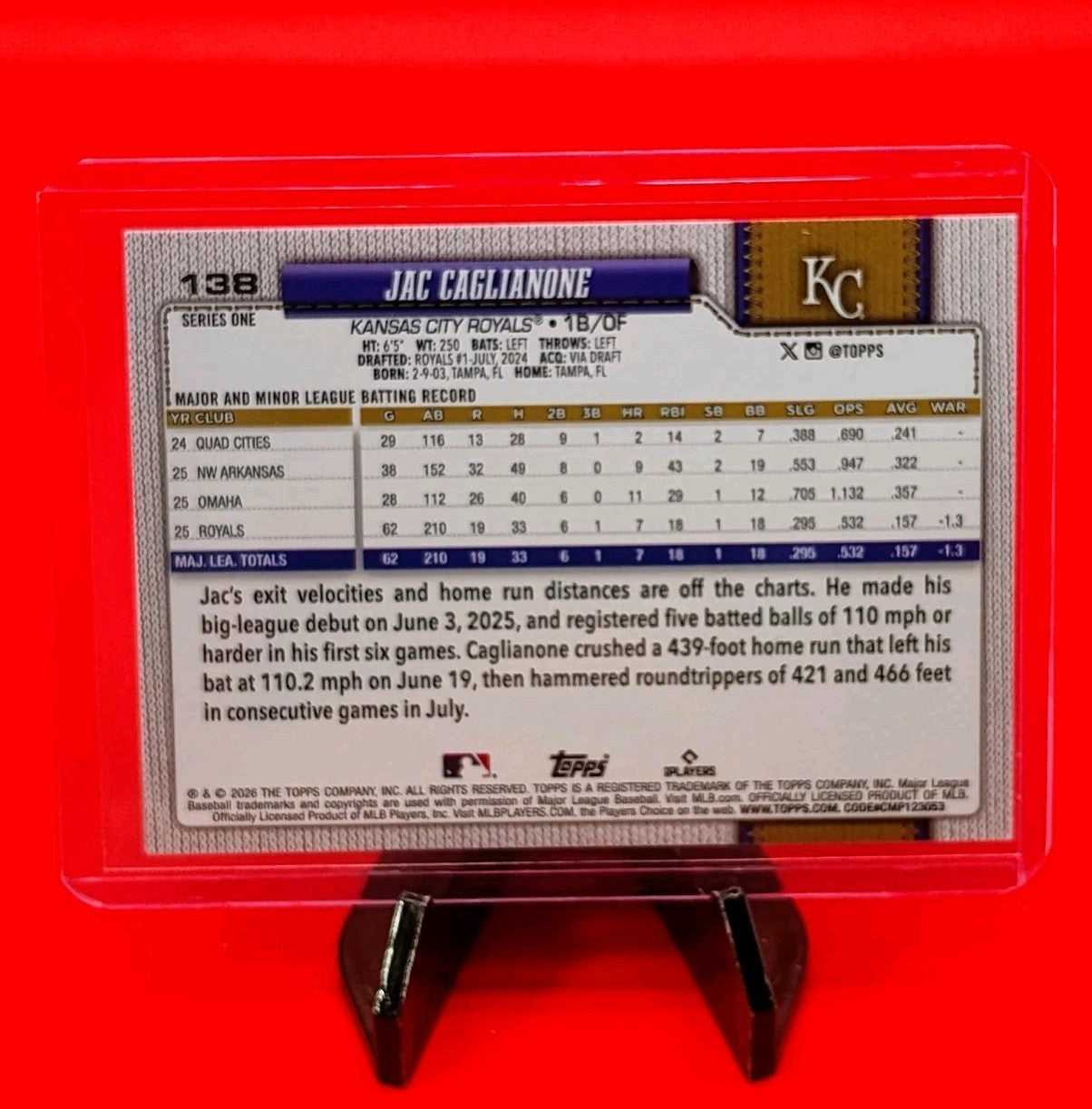 Jac Caglianone 2026 Topps Series 1 Silver Crackle Foil #138 K.C. Royals Rookie💎