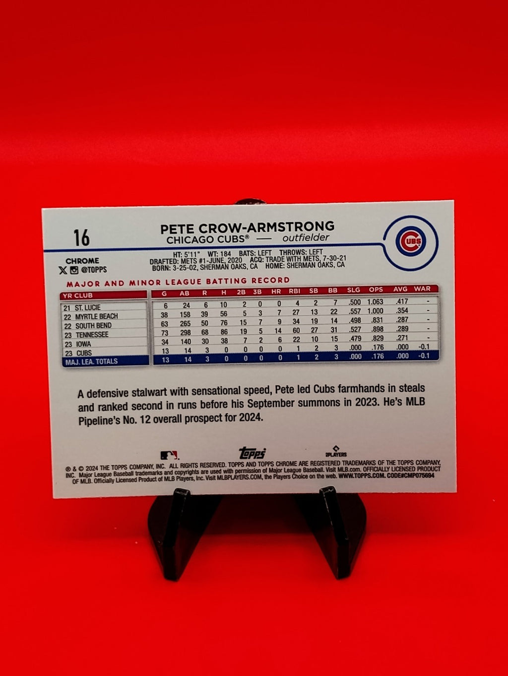 PETE CROW-ARMSTRONG Rookie RC PINK REFRACTOR 2024 Topps Chrome #16 Chicago Cubs