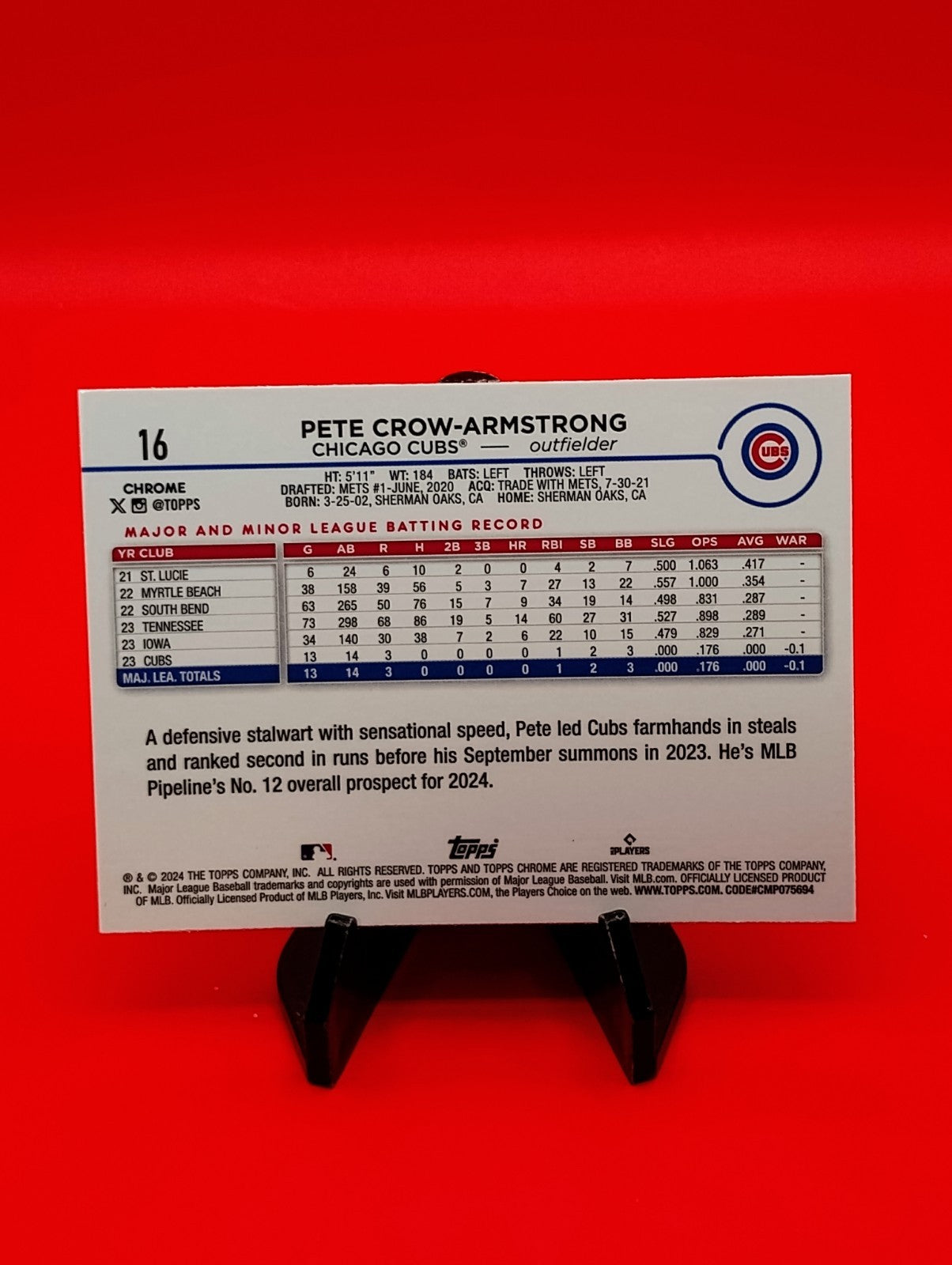 PETE CROW-ARMSTRONG Rookie RC PINK REFRACTOR 2024 Topps Chrome #16 Chicago Cubs