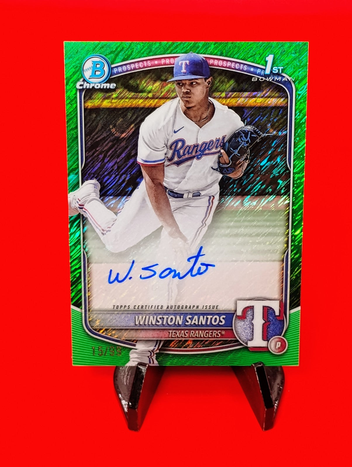 Winston Santos 2025 Bowman 1st Chrome #CPA-WS Green Shimmer Refractor Auto #/99