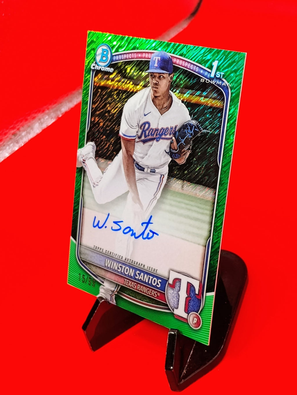 Winston Santos 2025 Bowman 1st Chrome #CPA-WS Green Shimmer Refractor Auto #/99