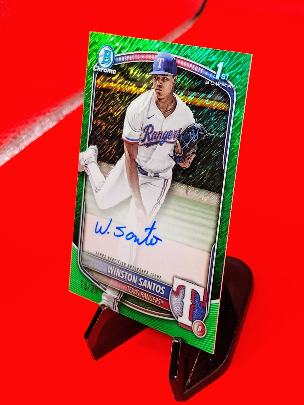 Winston Santos 2025 Bowman 1st Chrome #CPA-WS Green Shimmer Refractor Auto #/99