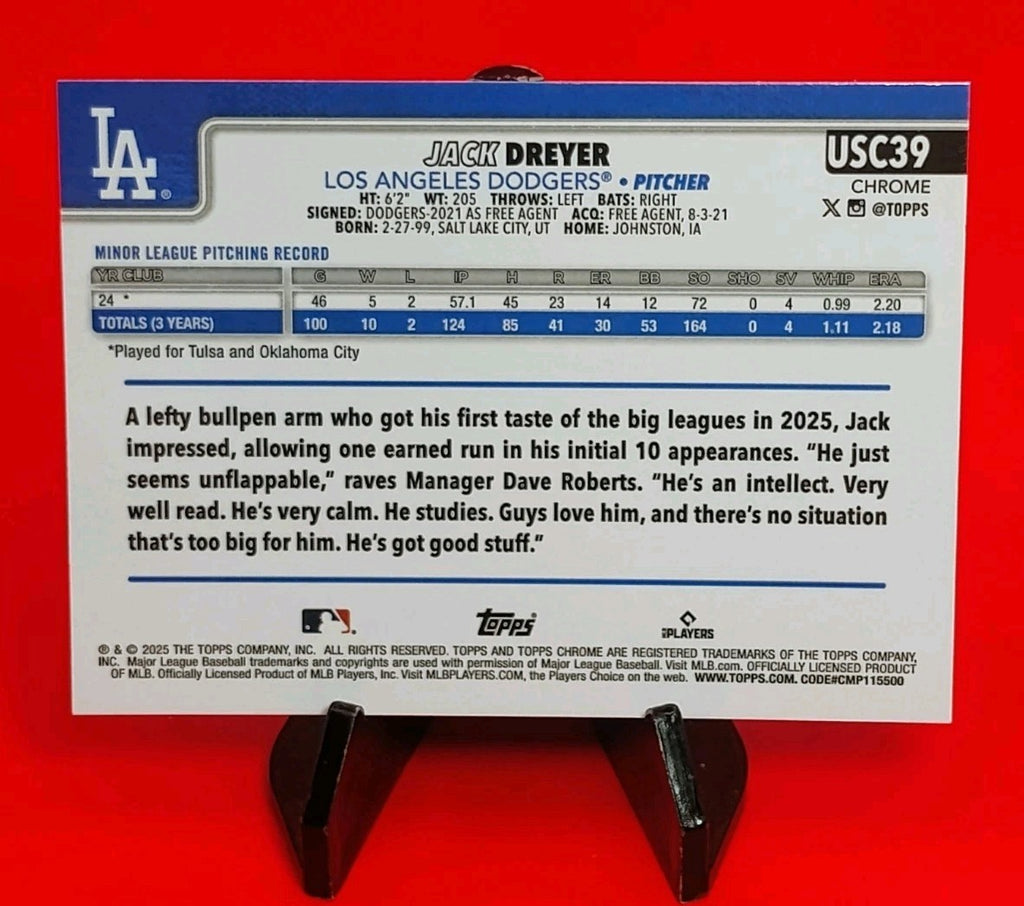 Jack Dreyer 2025 Topps Chrome Update RC #USC39 X-Fractor Rookie Dodgers RC