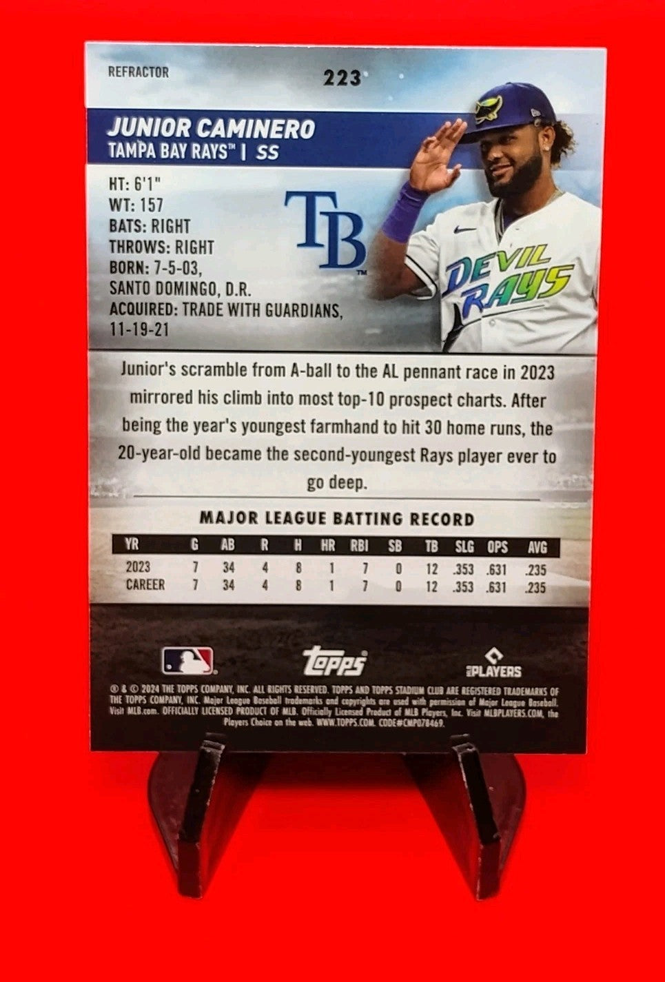 2024 Topps Stadium Club - Junior Caminero #223 Chrome Refractor (RC)
