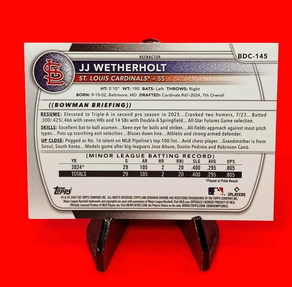 JJ Wetherholt 2025 Bowman Draft Chrome Refractor #BDC-145 St. Louis Cardinals RC