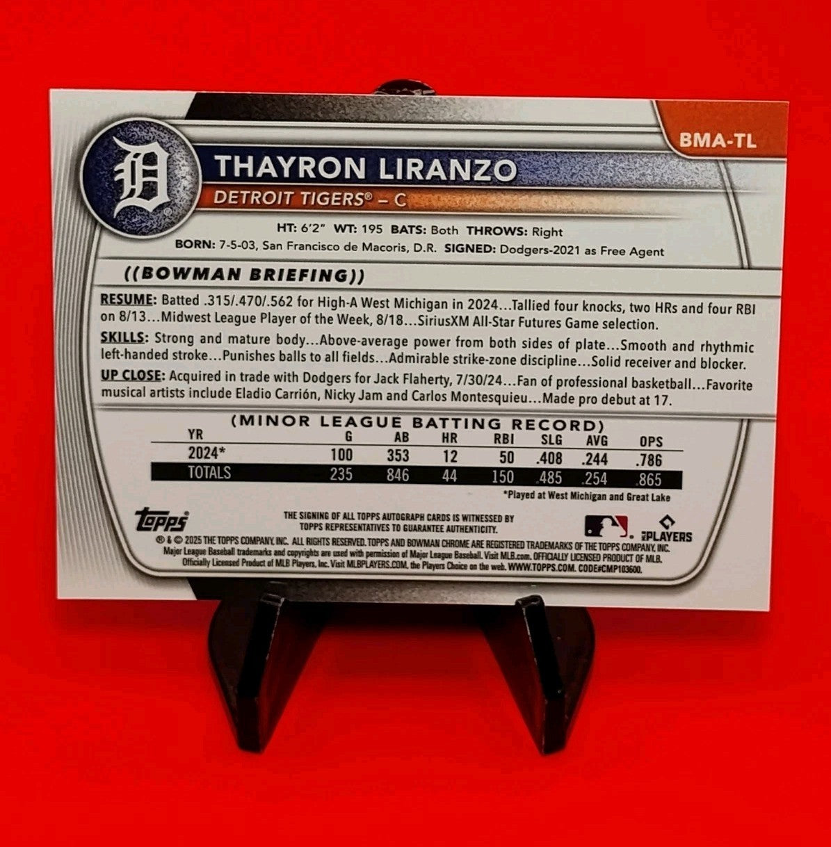 Thayron Liranzo 2025 Bowman Chrome #BMA-TL  Mega Mojo Auto - Detroit Tigers 🔥