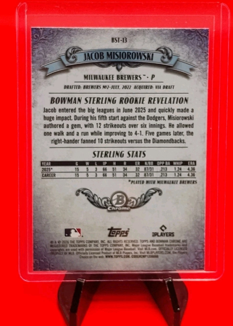 Jacob Misiorowski 2026 Bowman Chrome #BST-13 Bowman Sterling RC Mojo Refractor