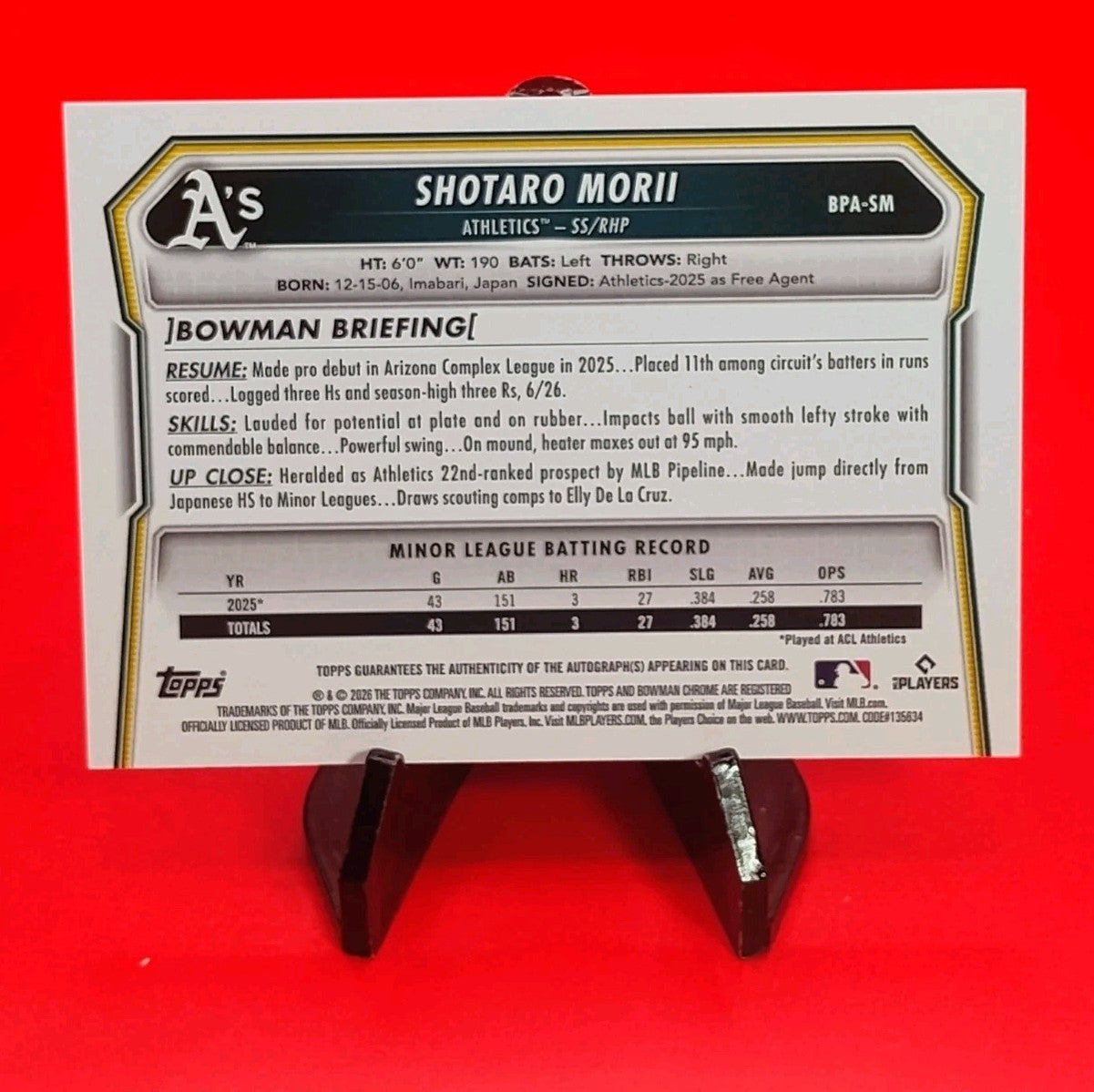 Shotaro Morii 2026 Bowman Baseball #BPA-SM Prospect Auto Athletics 2-Way Player