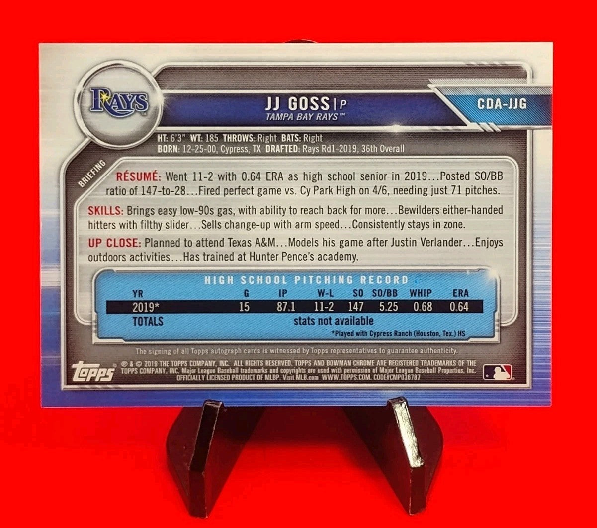 JJ Goss 2019 Bowman 1st Chrome Draft  #CDA-JJG Blue Refractor Auto #96/150 🔥