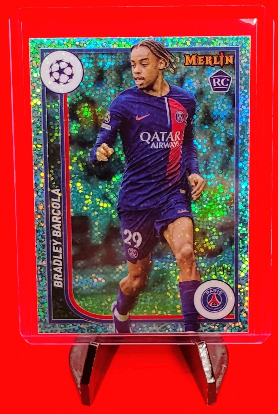 Bradley Barcola 2023-24 Topps Merlin UEFA #96 Aqua Speckle Refractor #165/199 🔥