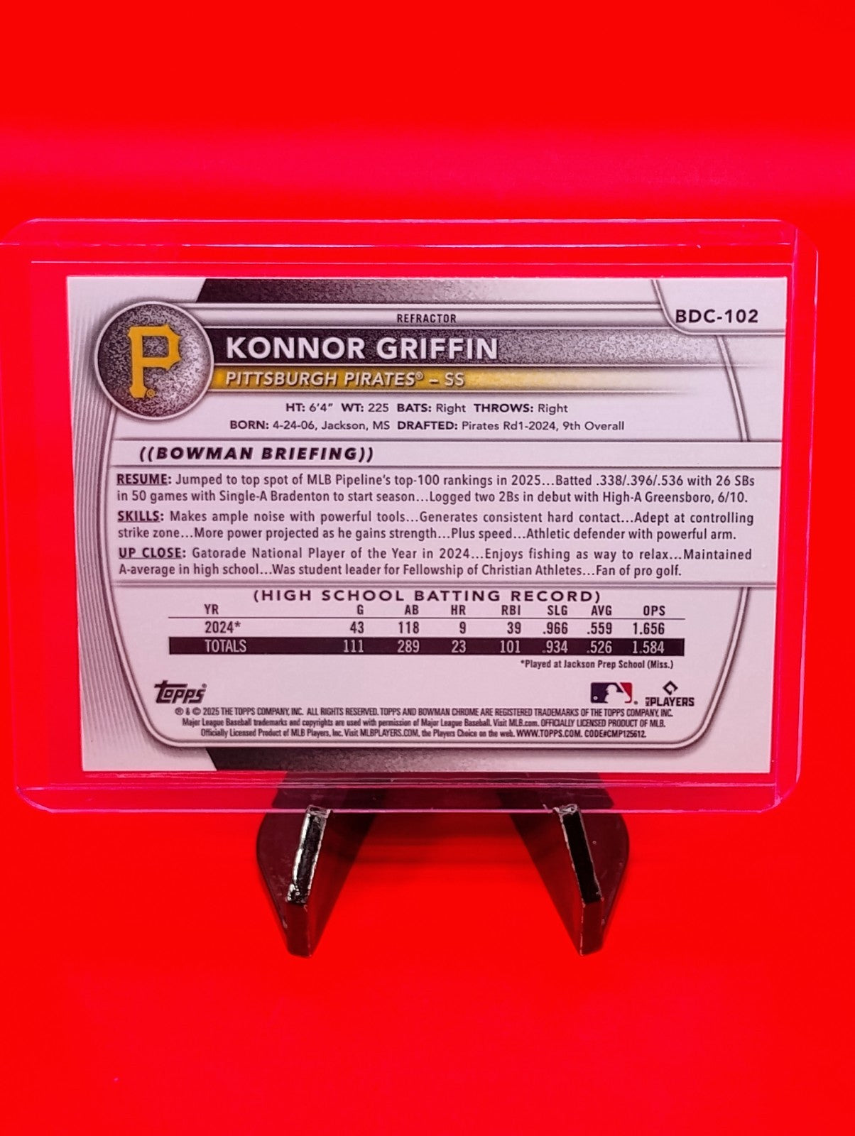Konnor Griffin 2025 Bowman Draft Chrome Refractor Pirates RC