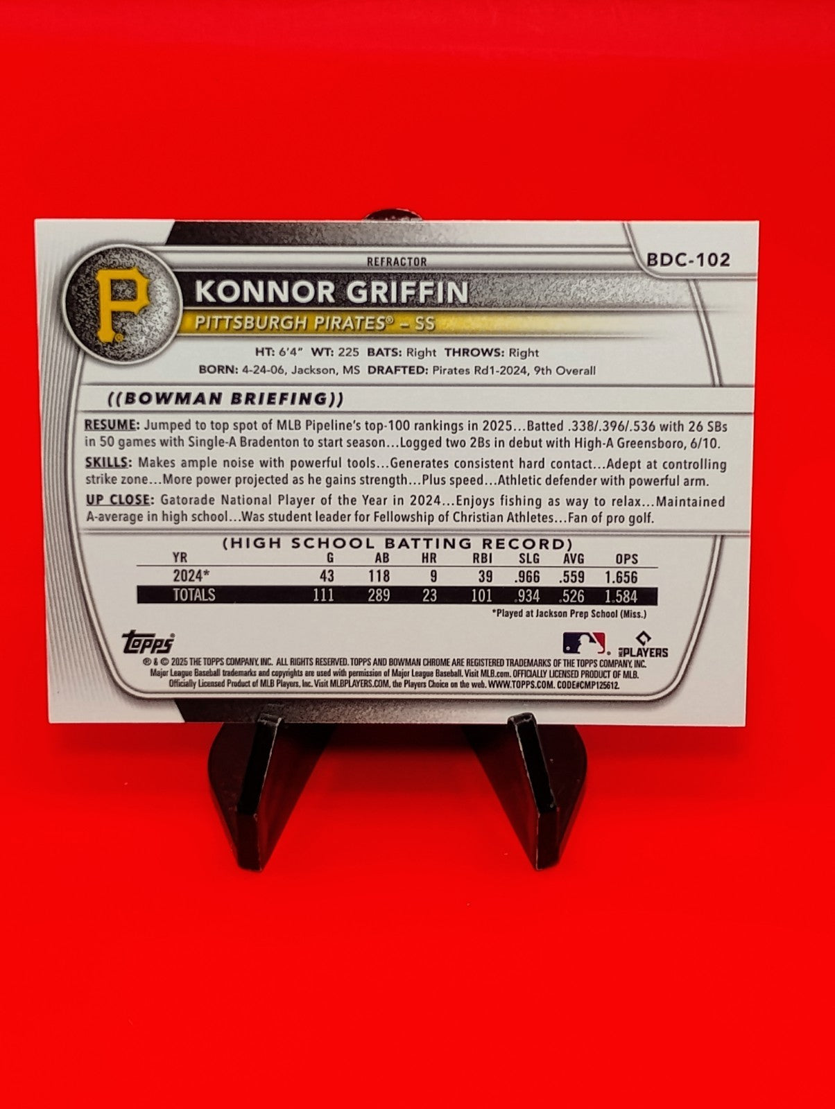 Konnor Griffin 2025 Bowman Draft Chrome Refractor Pirates RC