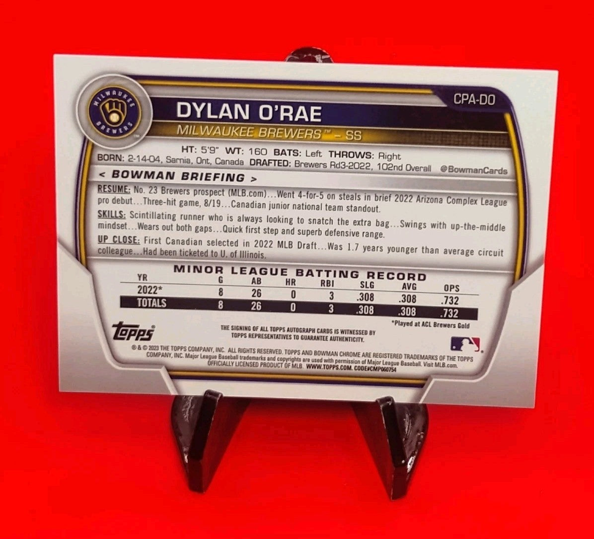 Dylan O'Rae 2023 Bowman 1st Chrome #CPA-DO Purple Refractor Auto #/250 Brewers🔥