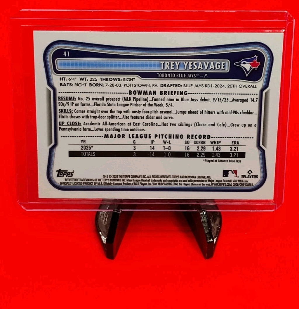 Trey Yesavage 2026 Bowman Chrome RC #41 Rookie Mojo Refractor 🔥💎