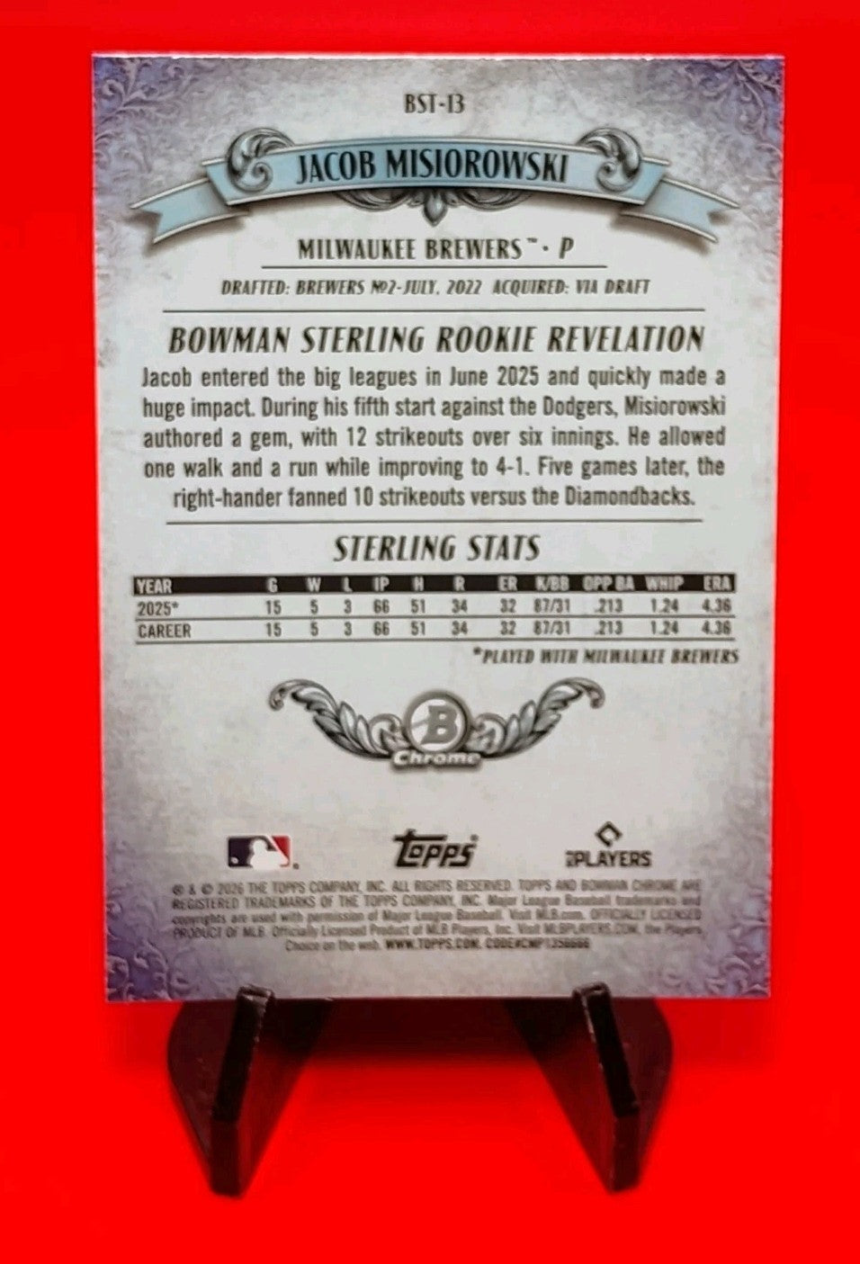Jacob Misiorowski 2026 Bowman Chrome #BST-13 Bowman Sterling RC Mojo Refractor