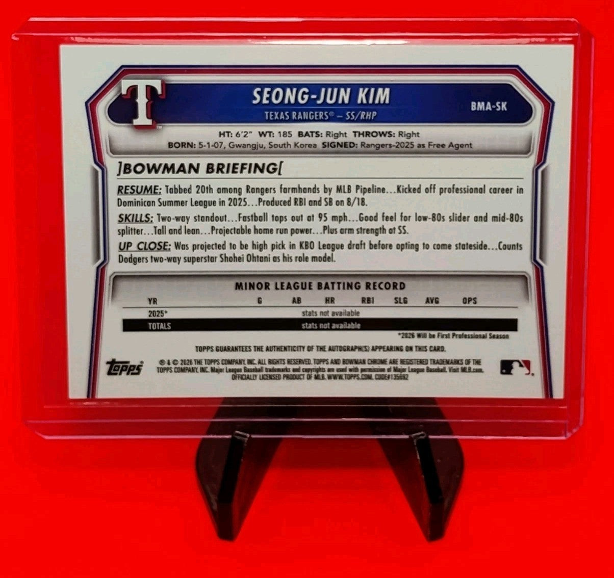 Seong Jun-Kim 2026 Bowman Chrome #BMA-SK Aqua Mojo Refractor #13/125 Jersey # 🔥