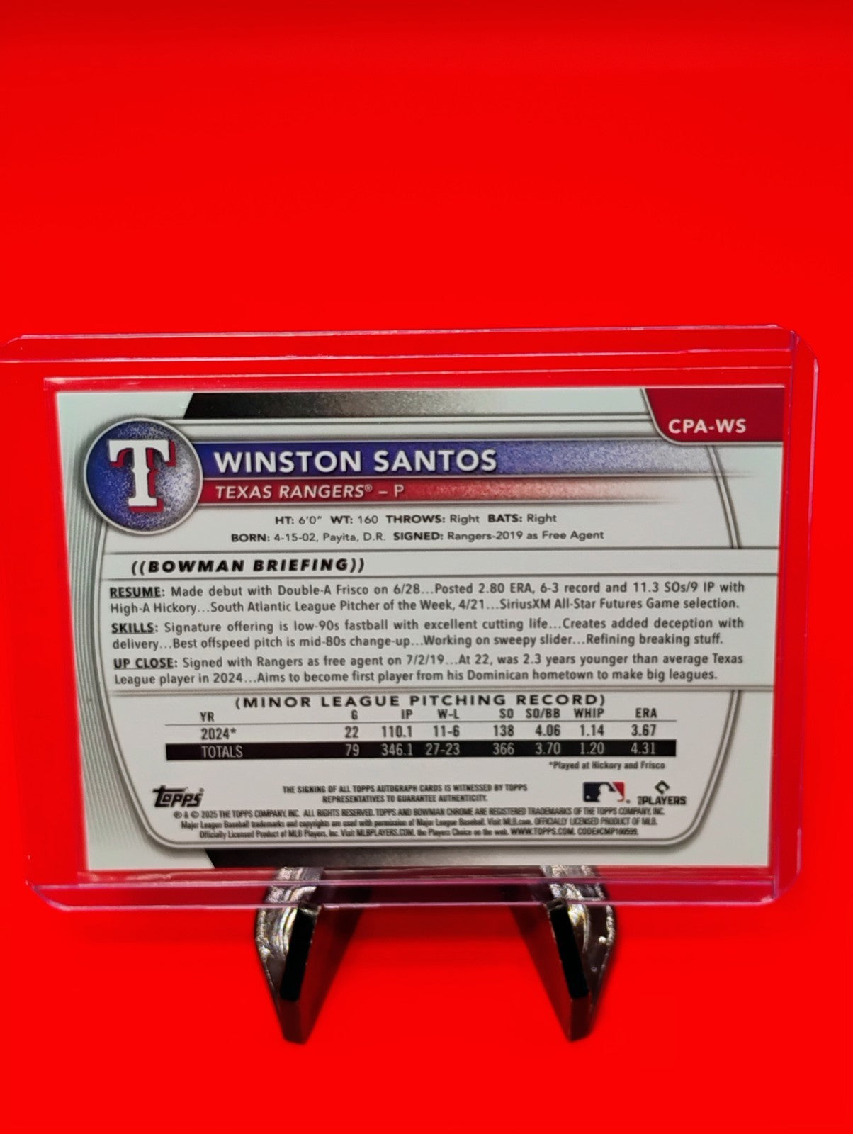 Winston Santos 2025 Bowman 1st Chrome #CPA-WS Green Shimmer Refractor Auto #/99