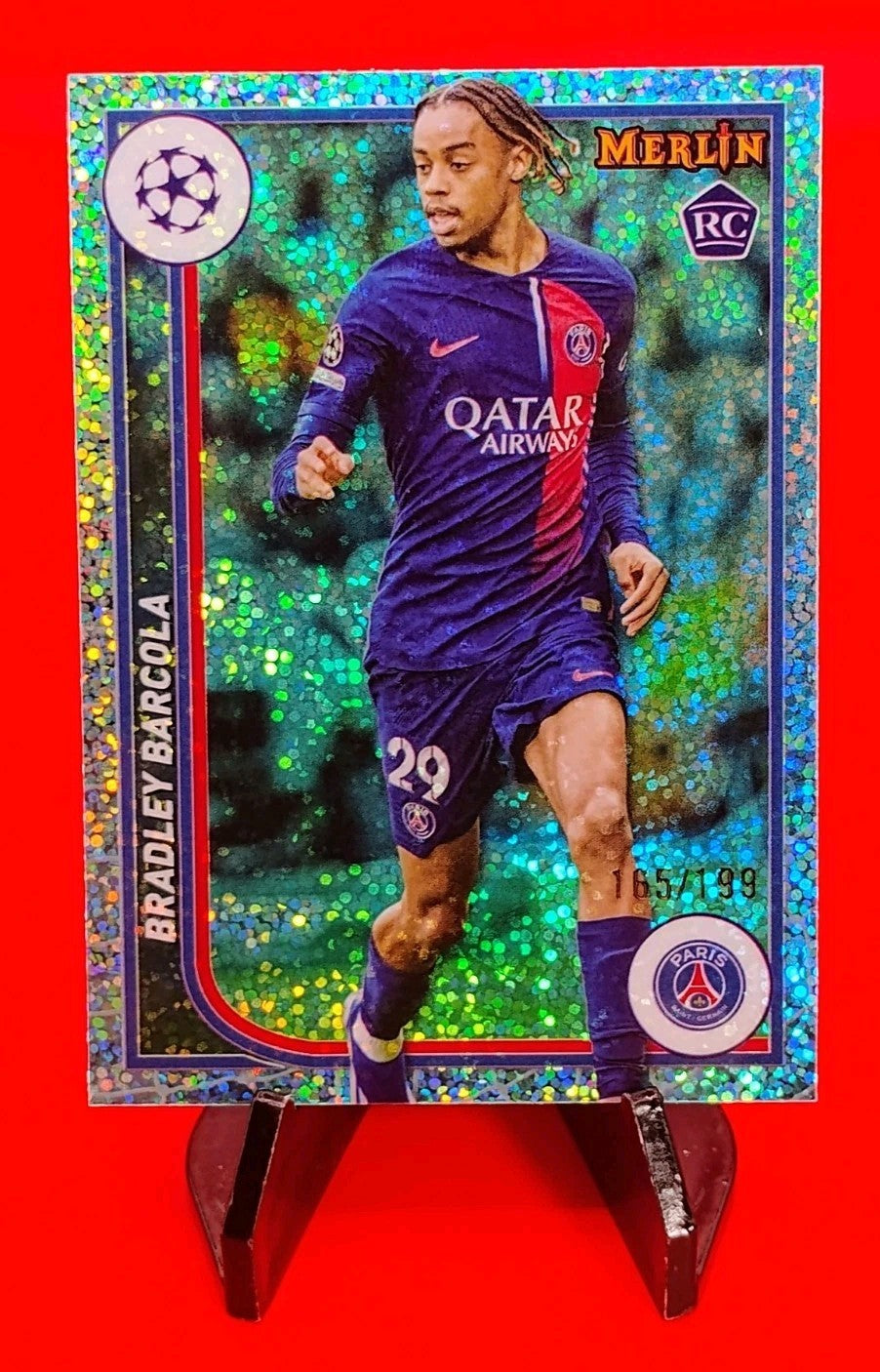 Bradley Barcola 2023-24 Topps Merlin UEFA #96 Aqua Speckle Refractor #165/199 🔥