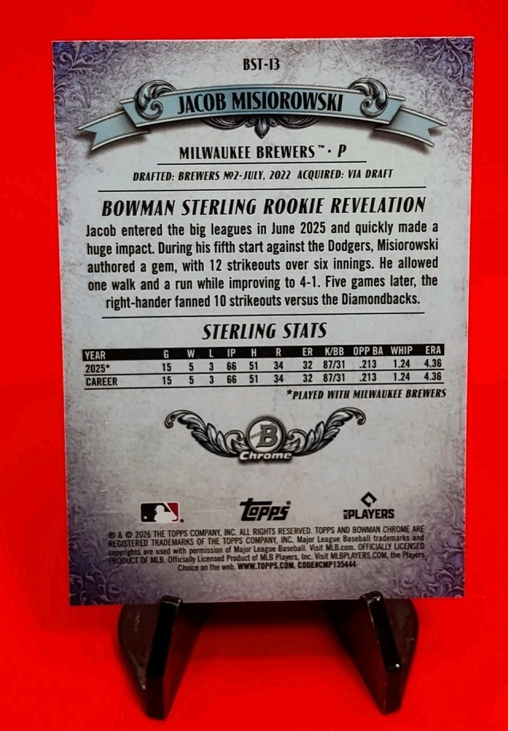 Jacob Misiorowski 2026 Bowman Chrome #BST-13 Bowman Sterling Rookie Refractor