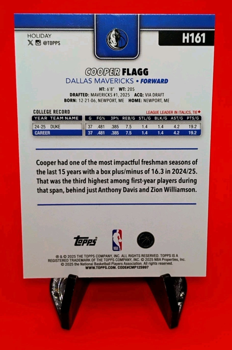 Cooper Flagg 2025-26 Topps Holiday RC #H161 Dallas Mavericks Rookie ROTY? 🔥