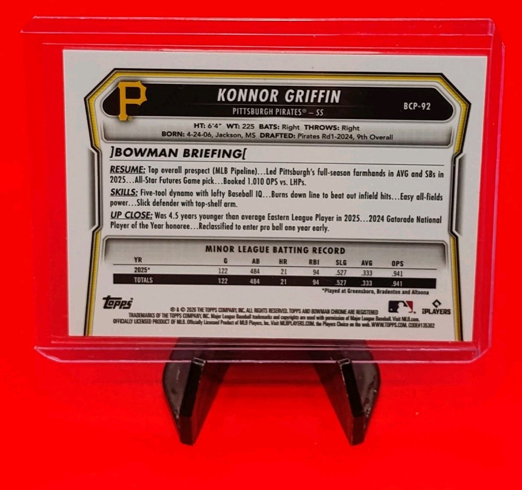Konnor Griffin 2026 Bowman Baseball #BCP-92 Reptilian Refractor RC Pirates ROTY?
