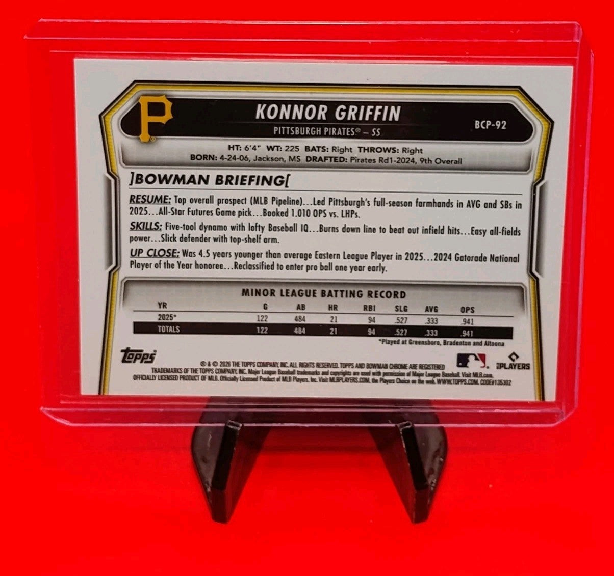 Konnor Griffin 2026 Bowman Baseball #BCP-92 Reptilian Refractor RC Pirates ROTY?