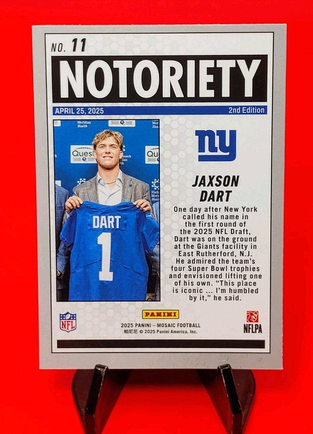 Jaxson Dart 2025 Mosaic Notoriety #11 Silver Mosaic Prizm RC - Giants QB 💎