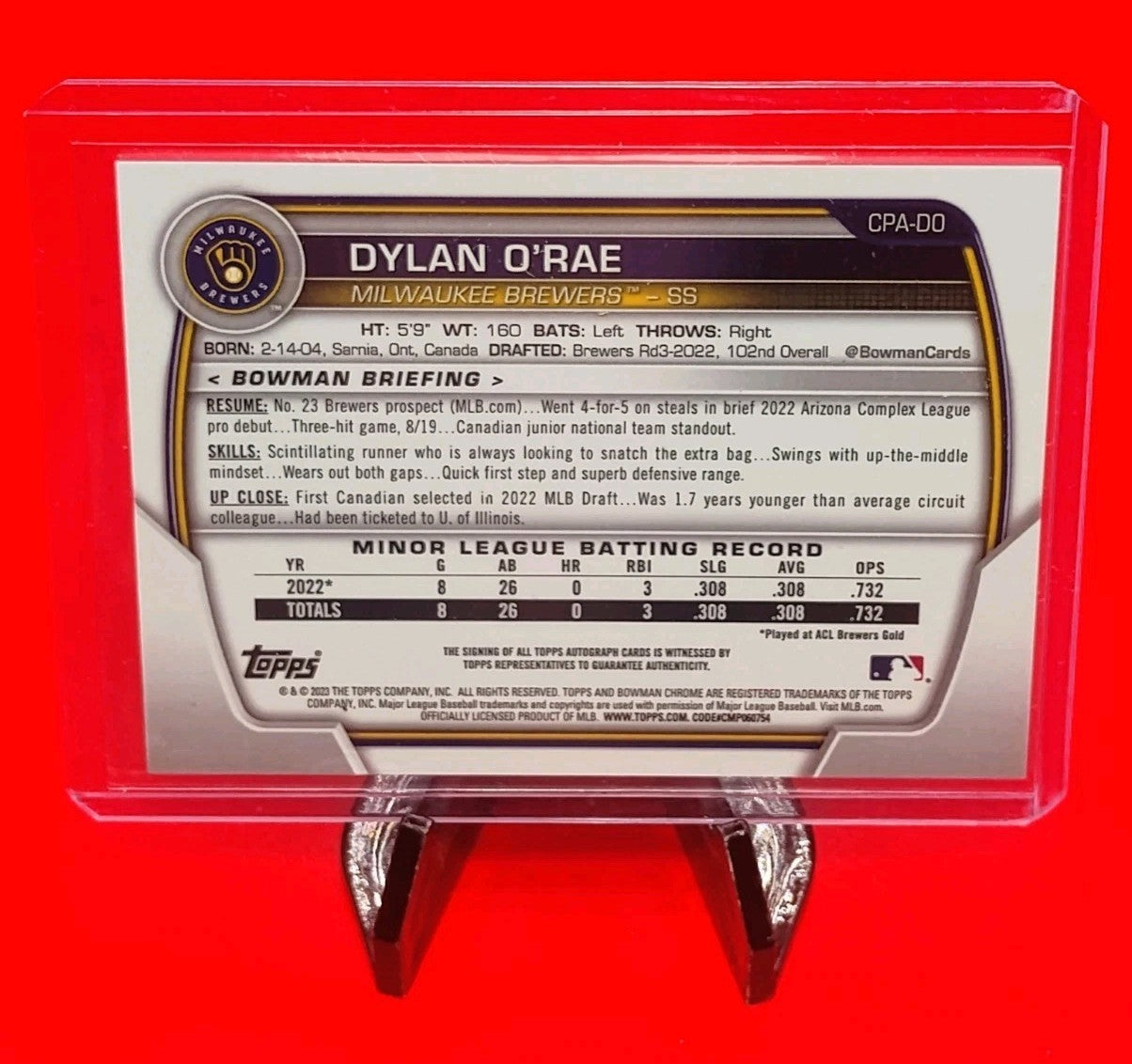 Dylan O'Rae 2023 Bowman 1st Chrome #CPA-DO Purple Refractor Auto #/250 Brewers🔥