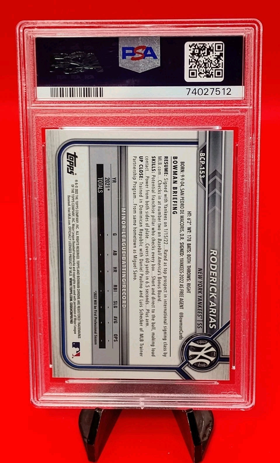 Roderick Arias 2022 Bowman Sapphire Chrome 1st #BCP-153 PSA 10 Gem Mint 💎🔥