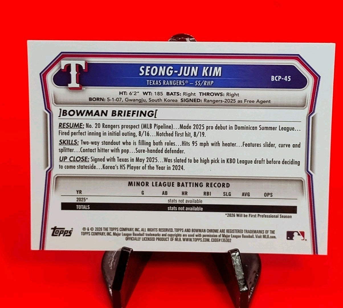 Seong Jun-Kim 2026 Bowman Chrome #BCP-45 Gold Shimmer Refractor #02/50 Jersey #