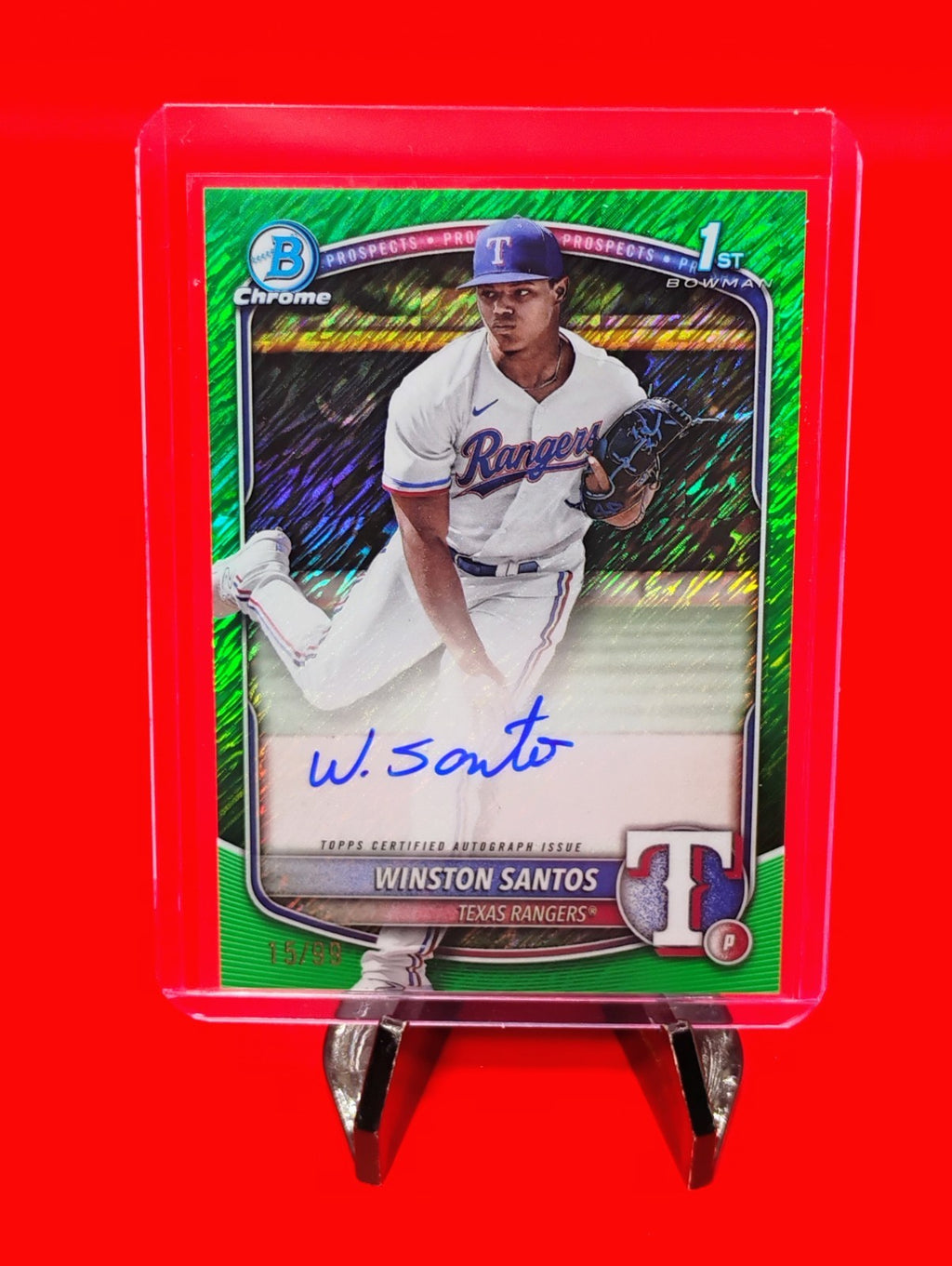 Winston Santos 2025 Bowman 1st Chrome #CPA-WS Green Shimmer Refractor Auto #/99