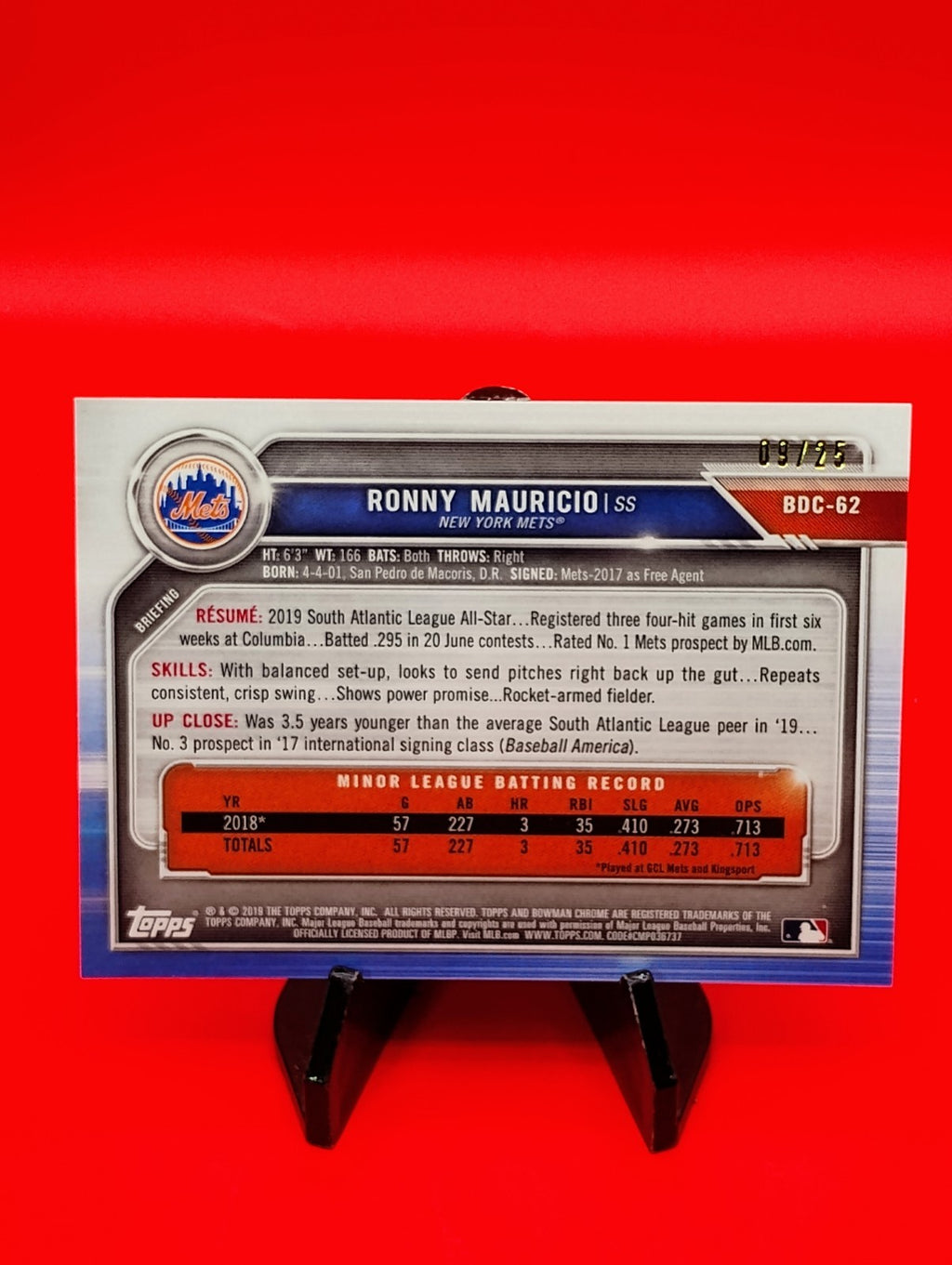 Ronny Mauricio 2019 Bowman Draft Chrome Sapphire #BDC-62 Orange Sapphire #9/25