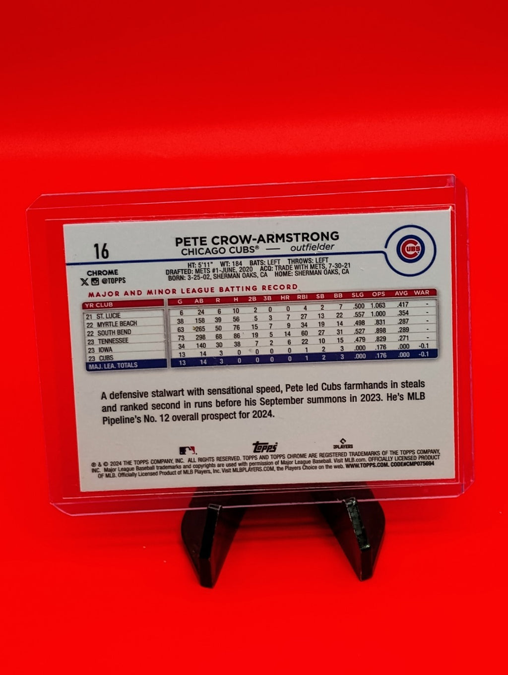 PETE CROW-ARMSTRONG Rookie RC PINK REFRACTOR 2024 Topps Chrome #16 Chicago Cubs
