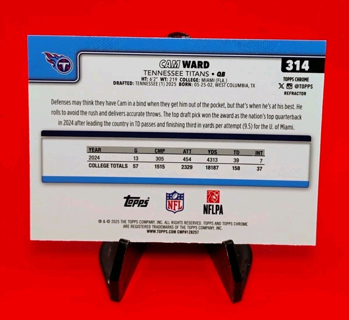 Cam Ward 2025 Topps Chrome Football RC #314 Silver Refractor Titans Rookie QB 💎