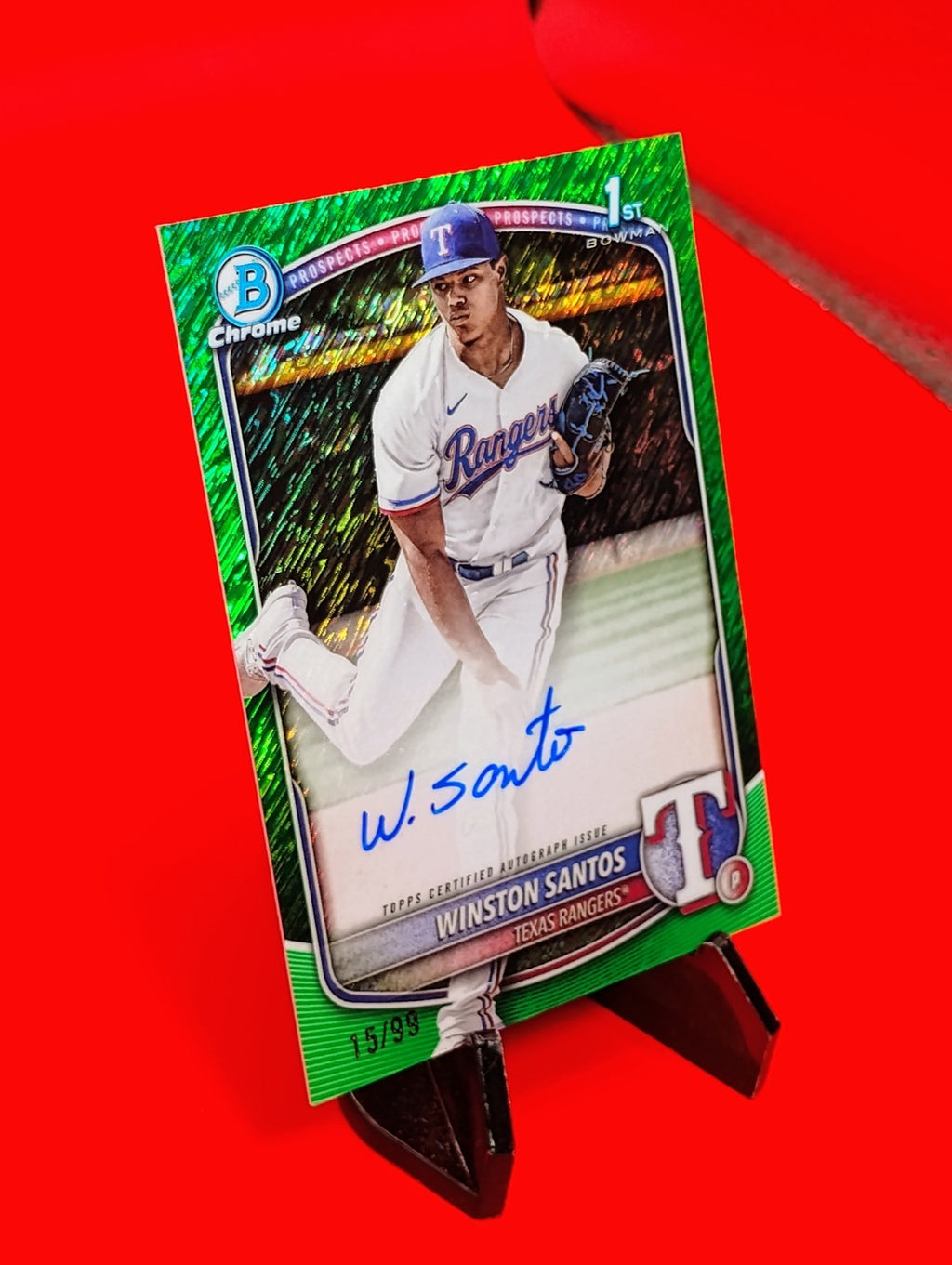 Winston Santos 2025 Bowman 1st Chrome #CPA-WS Green Shimmer Refractor Auto #/99