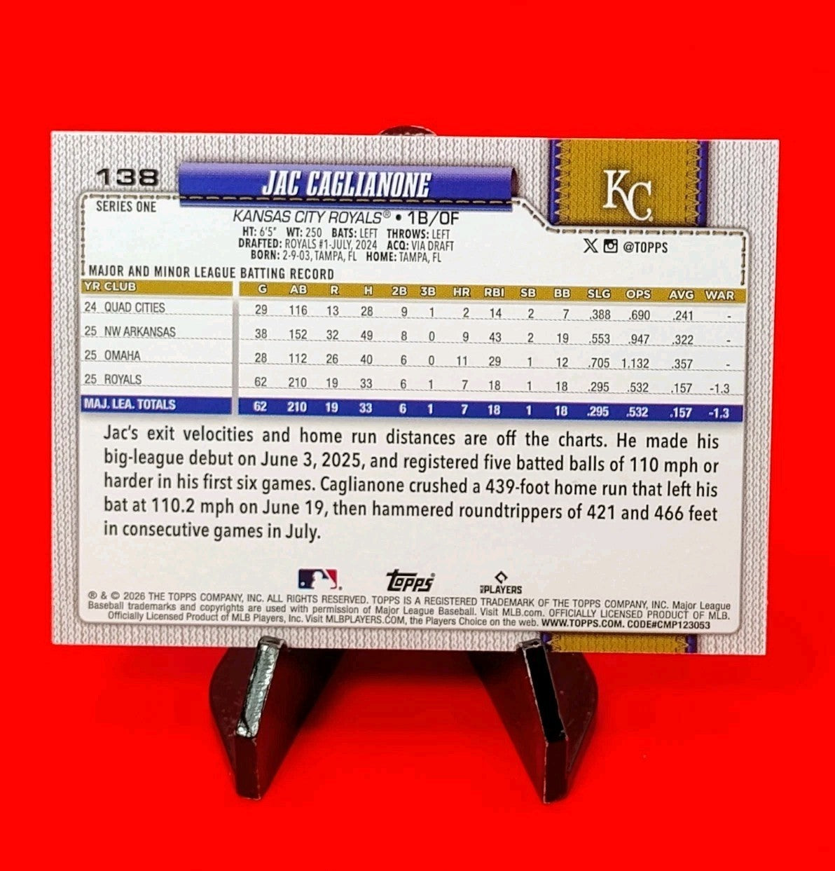 Jac Caglianone 2026 Topps Series 1 Silver Crackle Foil #138 K.C. Royals Rookie💎