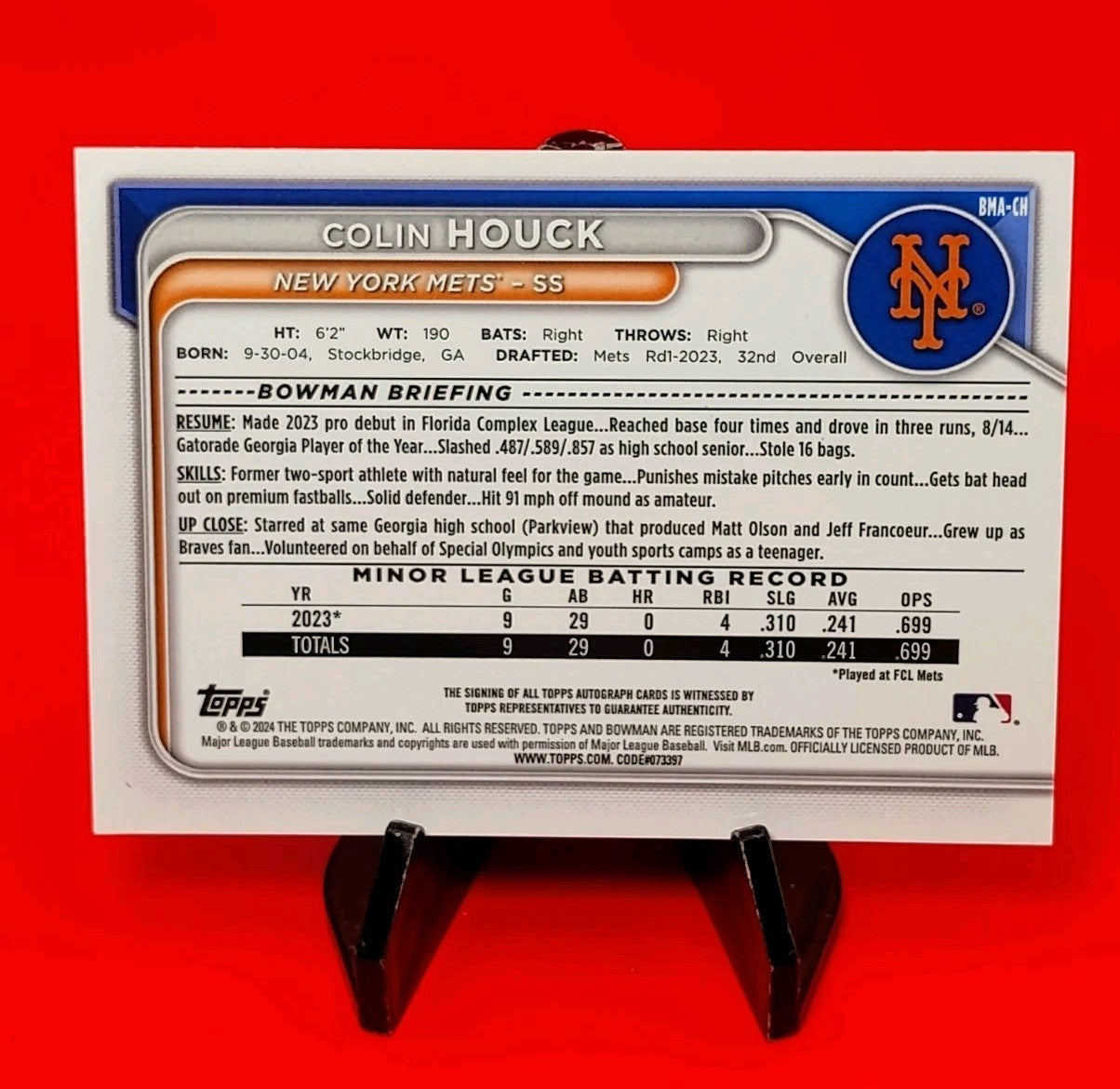 Colin Houck 2024 Bowman Chrome #BMA-CH Purple Mojo Refractor Auto #176/199 Mets!