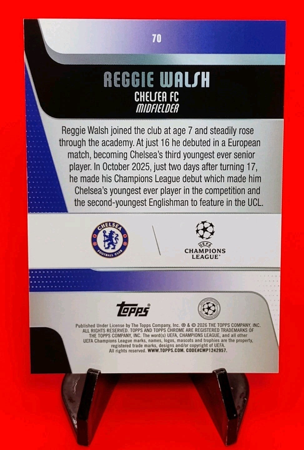 Reggie Walsh 2025-26 Topps Chrome UEFA #70 Blue Refractor #97/150 Color Match 💎