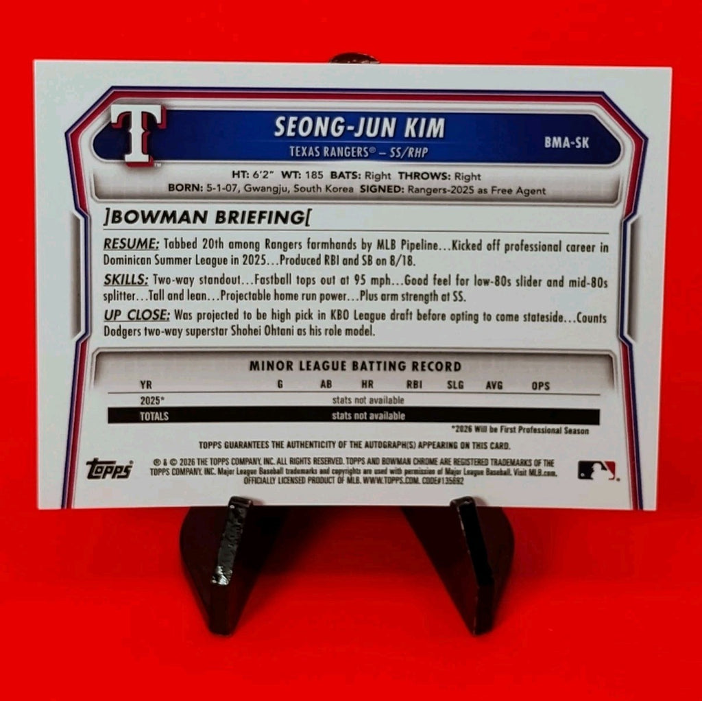 Seong Jun-Kim 2026 Bowman Chrome #BMA-SK Aqua Mojo Refractor #13/125 Jersey # 🔥