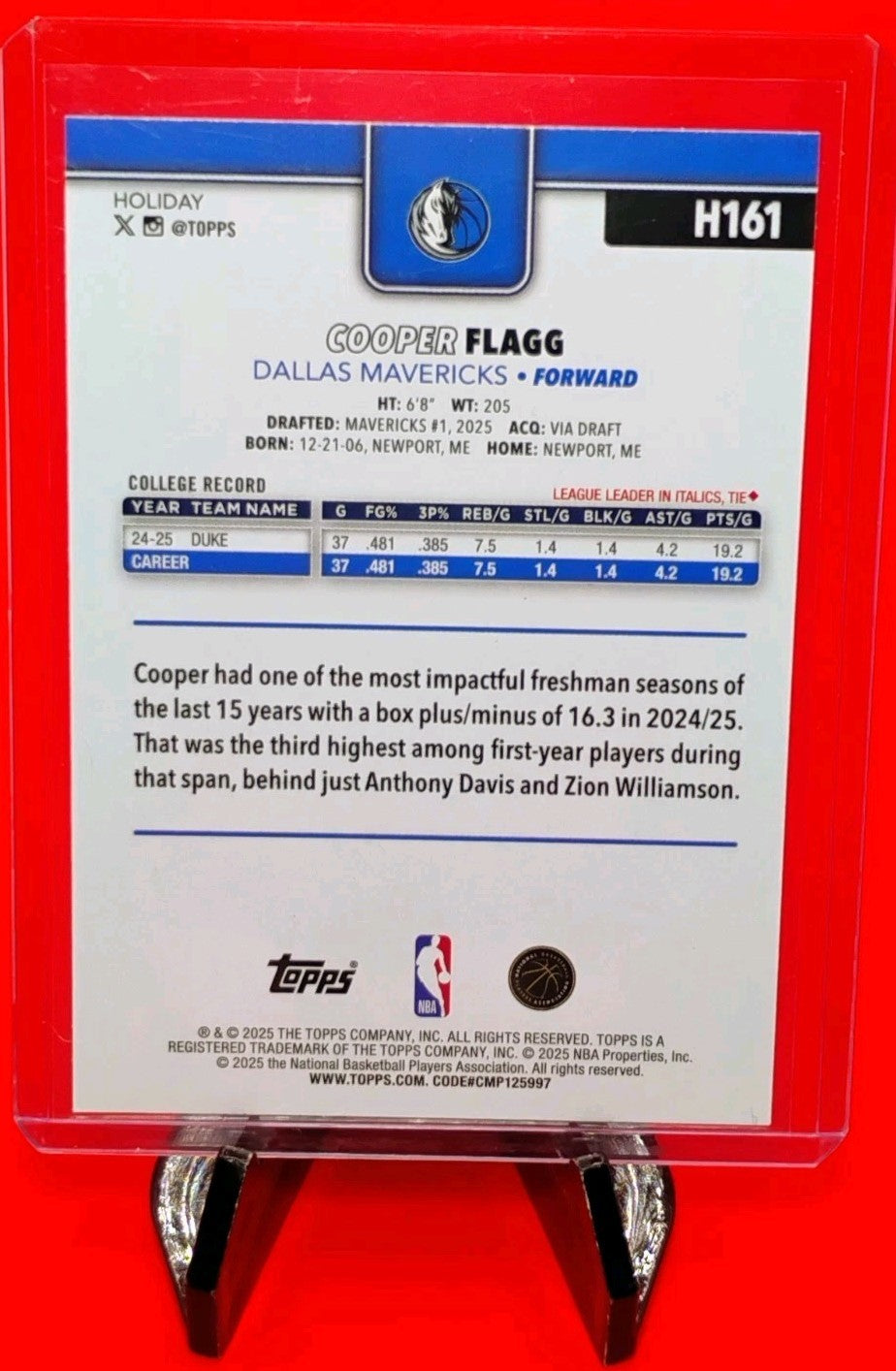 Cooper Flagg 2025-26 Topps Holiday RC #H161 Dallas Mavericks Rookie ROTY? 🔥