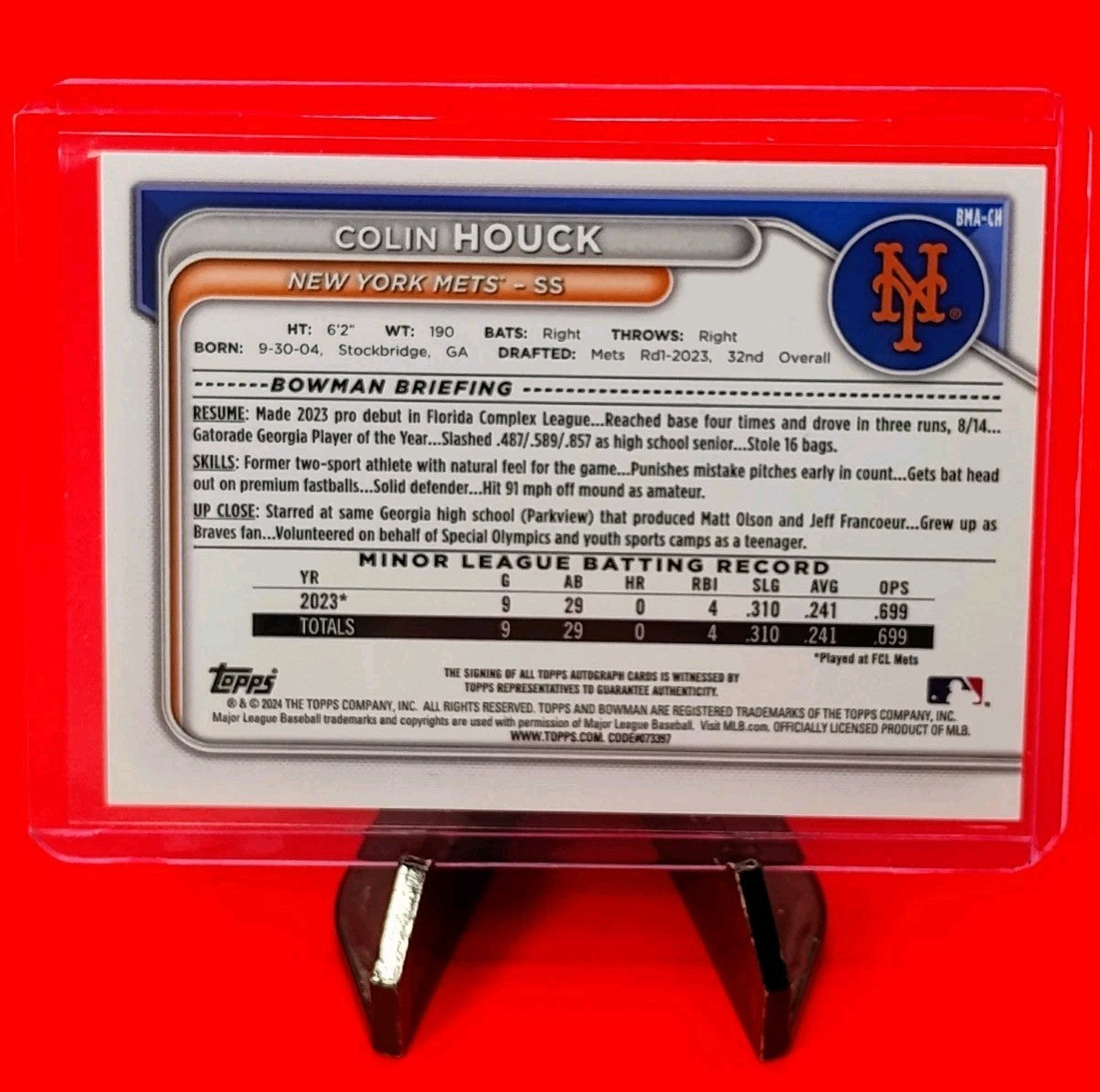 Colin Houck 2024 Bowman Chrome #BMA-CH Purple Mojo Refractor Auto #176/199 Mets!