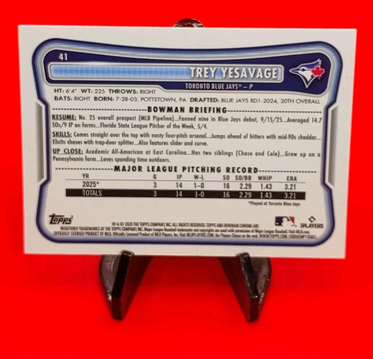 Trey Yesavage 2026 Bowman Chrome RC #41 Rookie Mojo Refractor 🔥💎