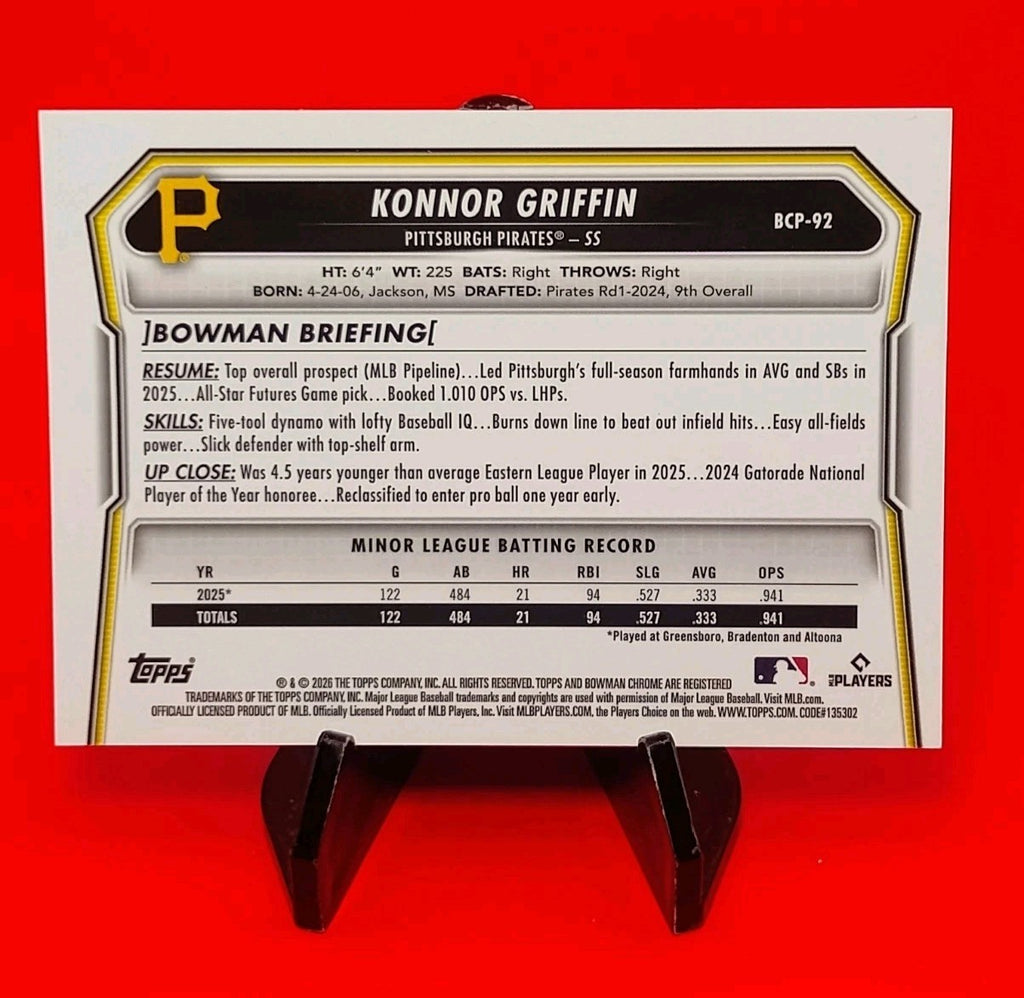 Konnor Griffin 2026 Bowman Baseball #BCP-92 Reptilian Refractor RC Pirates ROTY?