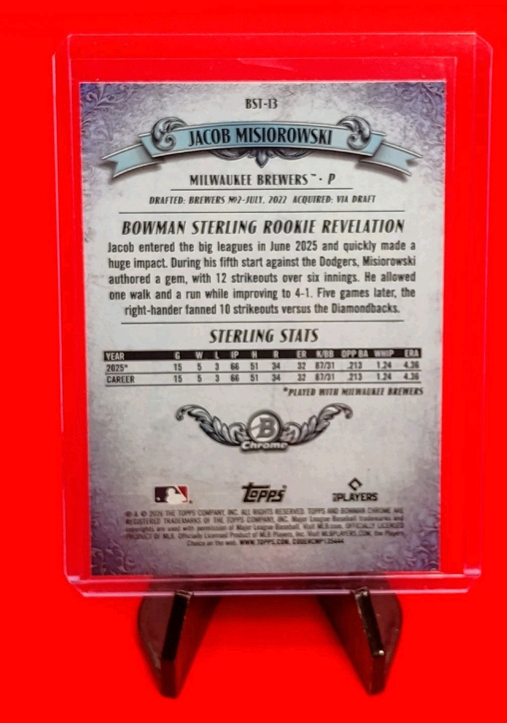 Jacob Misiorowski 2026 Bowman Chrome #BST-13 Bowman Sterling Rookie Refractor